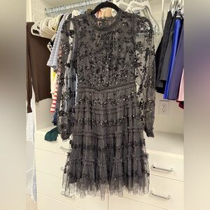 Needle & Thread Black Sequin Long Sleeve Dress